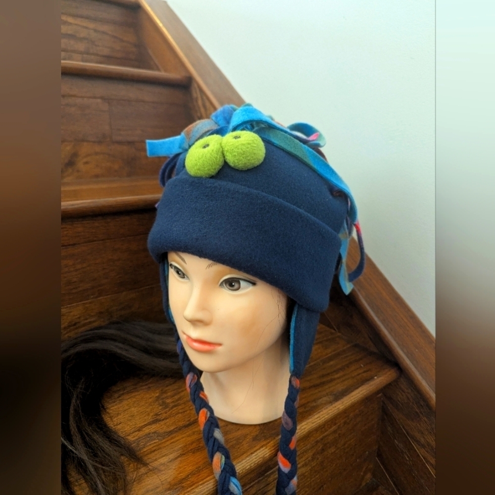 Blue Fleece Hat with Mohawk Fringe Ear Flaps & Chin Strap Sz M adult KidsL/XL